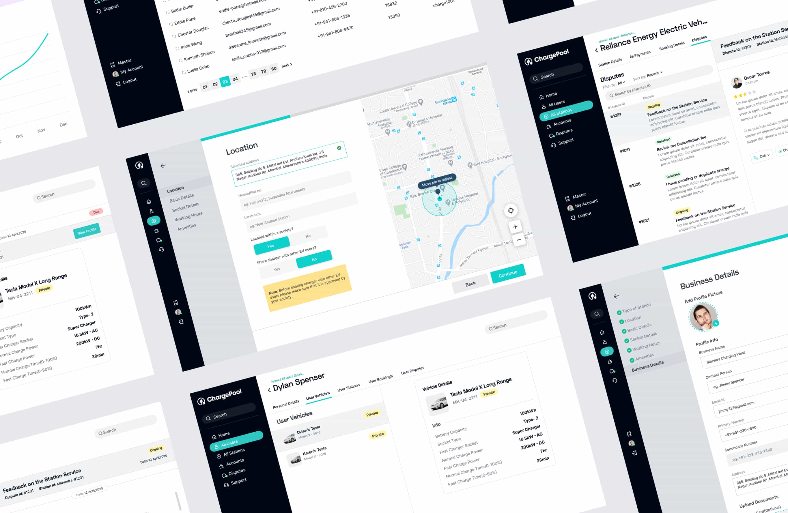 Chargepool's Customer Management Platform screens laid our in a grid format 