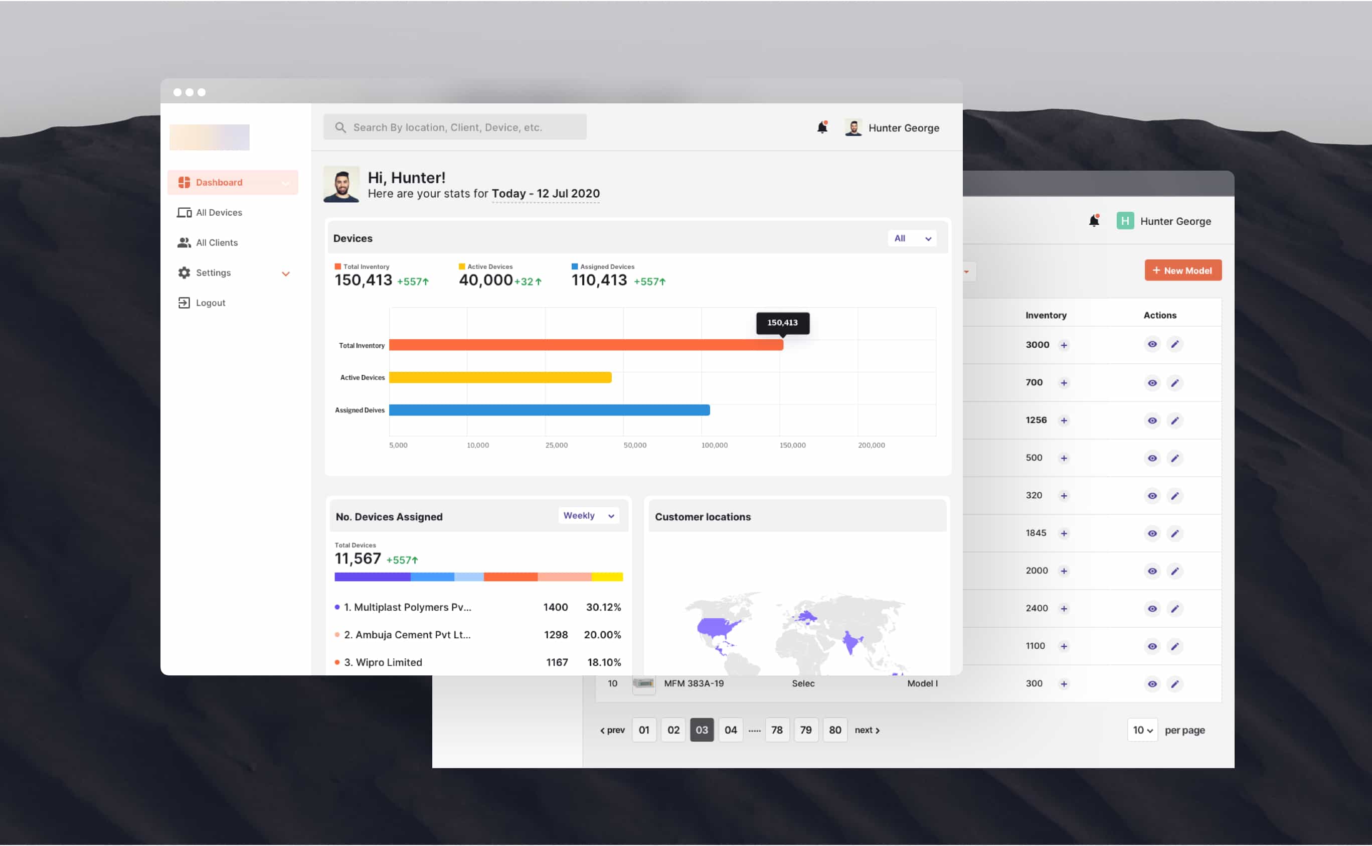 Screenshot showing IoT platform client side dashboard screens