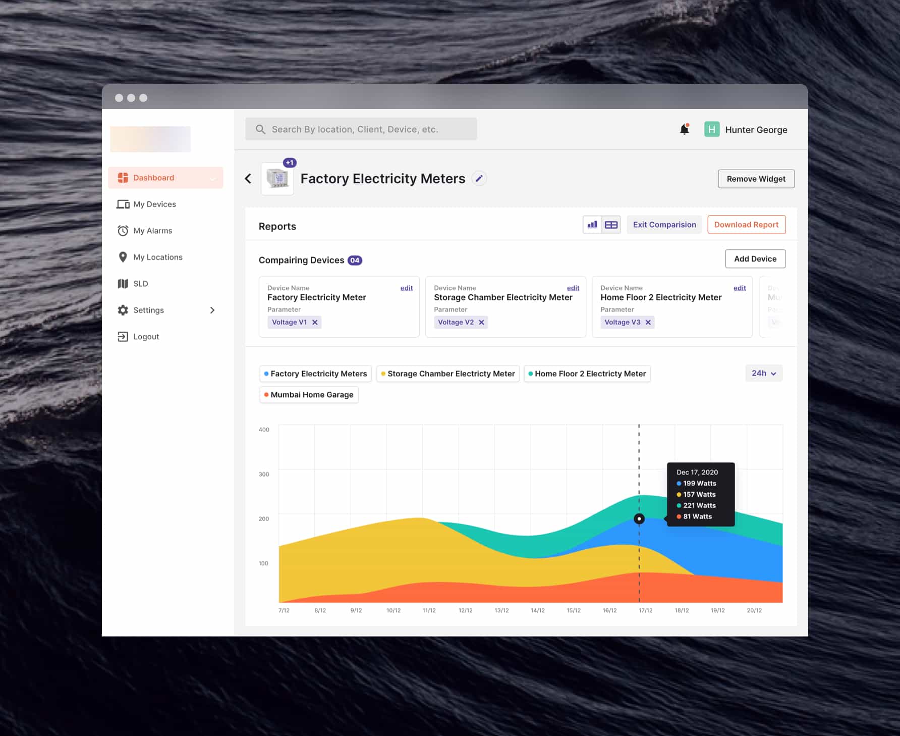 Screenshot of IoT Platform's device comparison reports which is plotted in a graph view