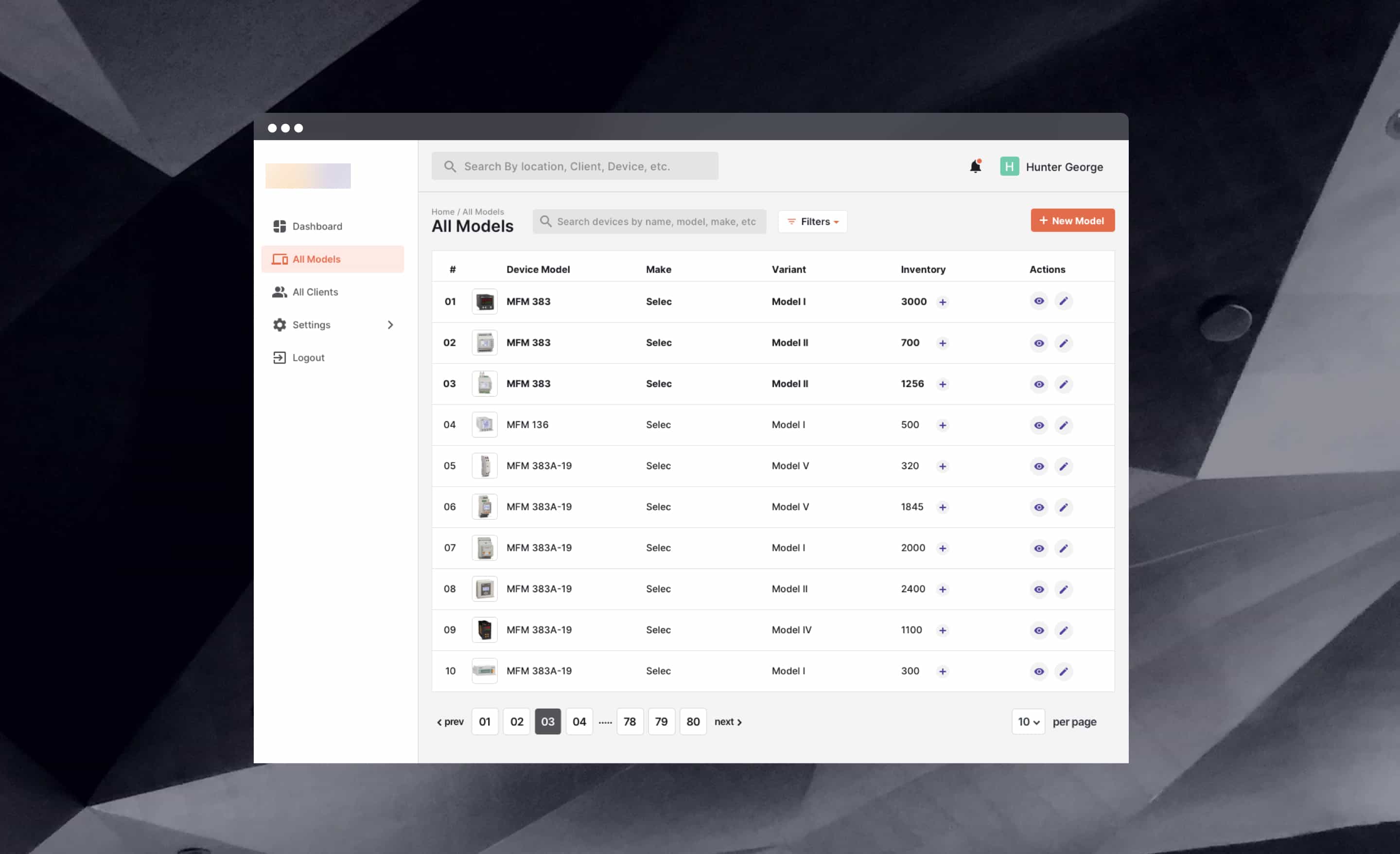 Screen of IoT platform's inventory management screen 