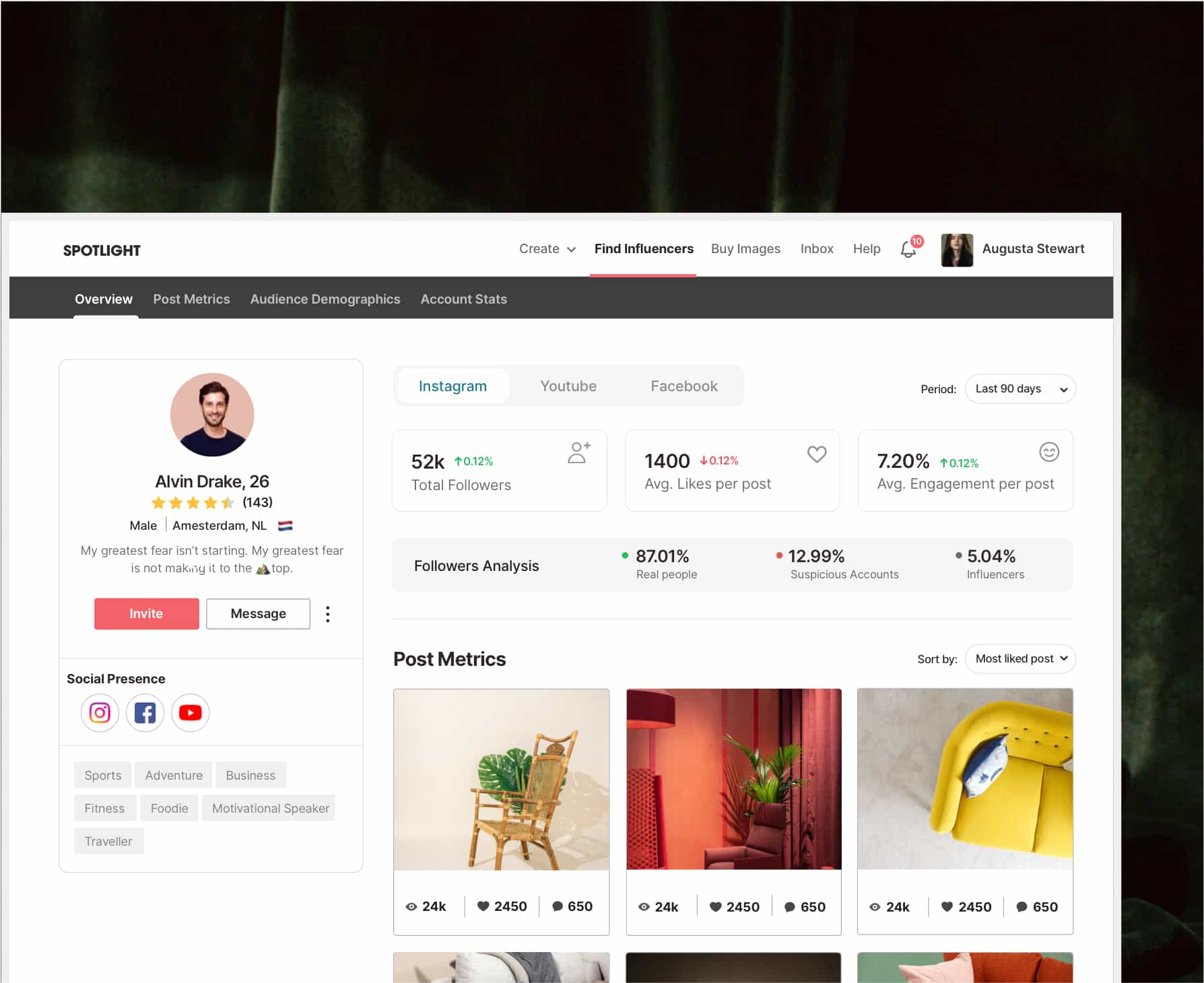 Screenshot showing influencer profile view on Spotlight platform